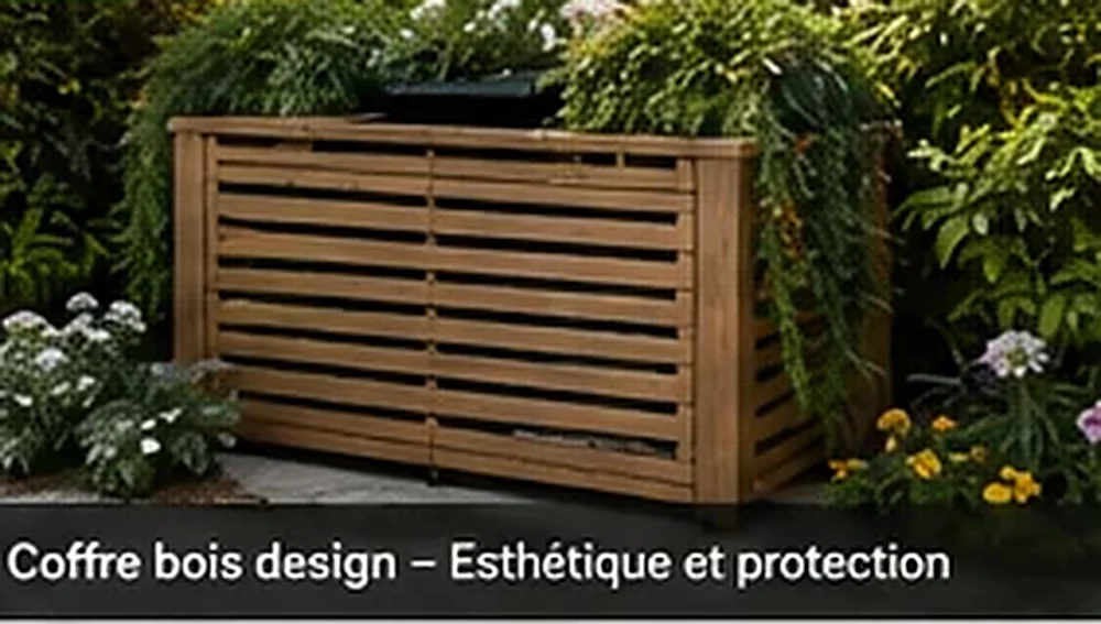 Groupe extérieur dissimulé derrière un coffre en bois entouré de végétation