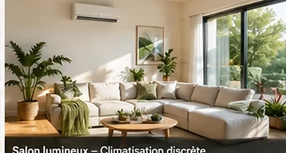 Séjour lumineux avec une unité murale discrète et des plantes