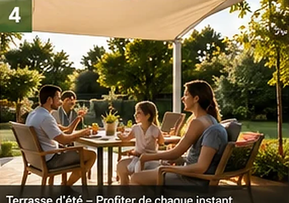 Famille profitant d'une terrasse ombragée en été