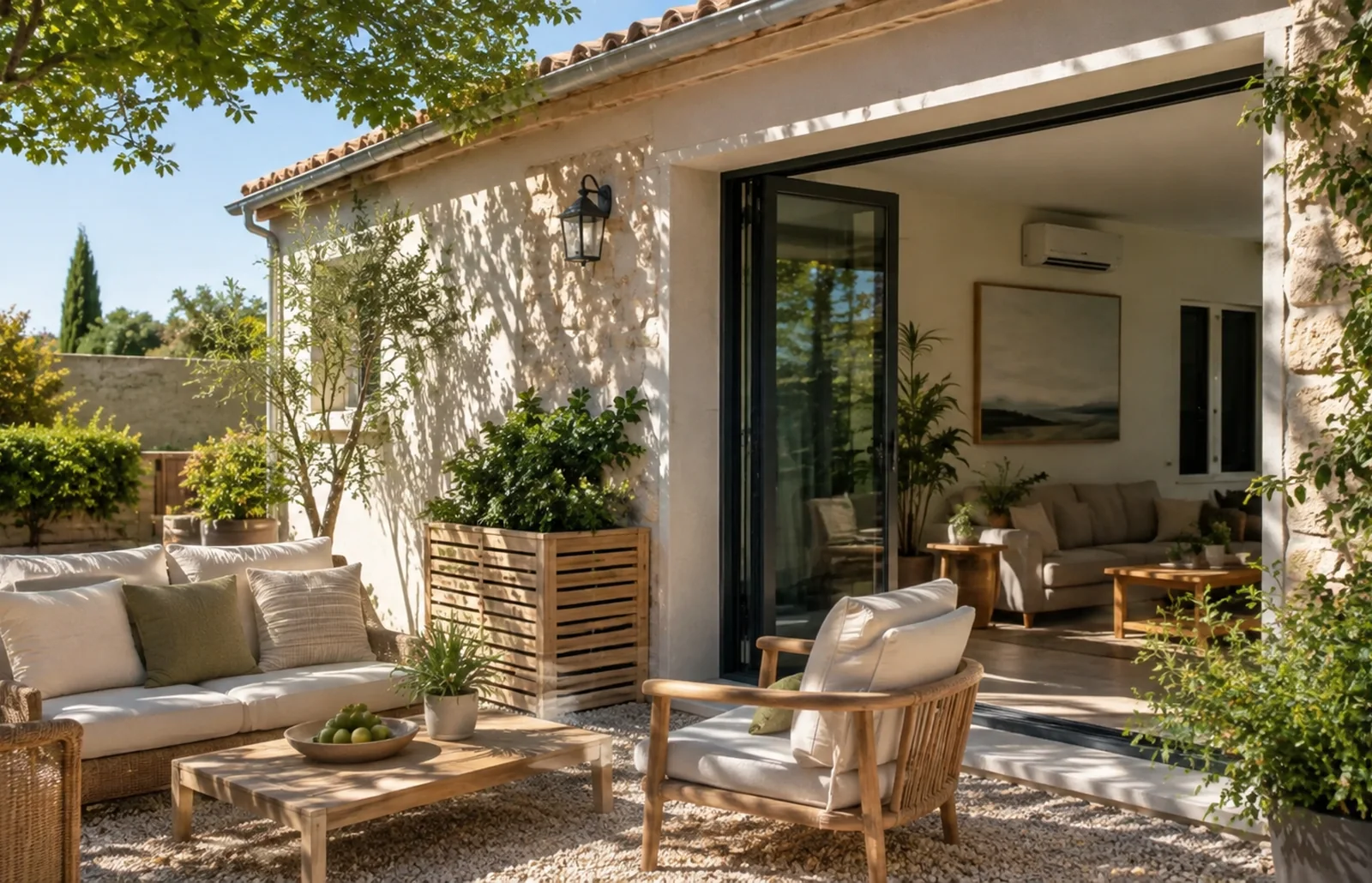 Famille profitant d'une terrasse ombragée en été